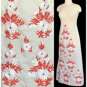 Vintage 70s Embroidered Floral Maxi Dress, Red and Cream Day Dress, Size S Small